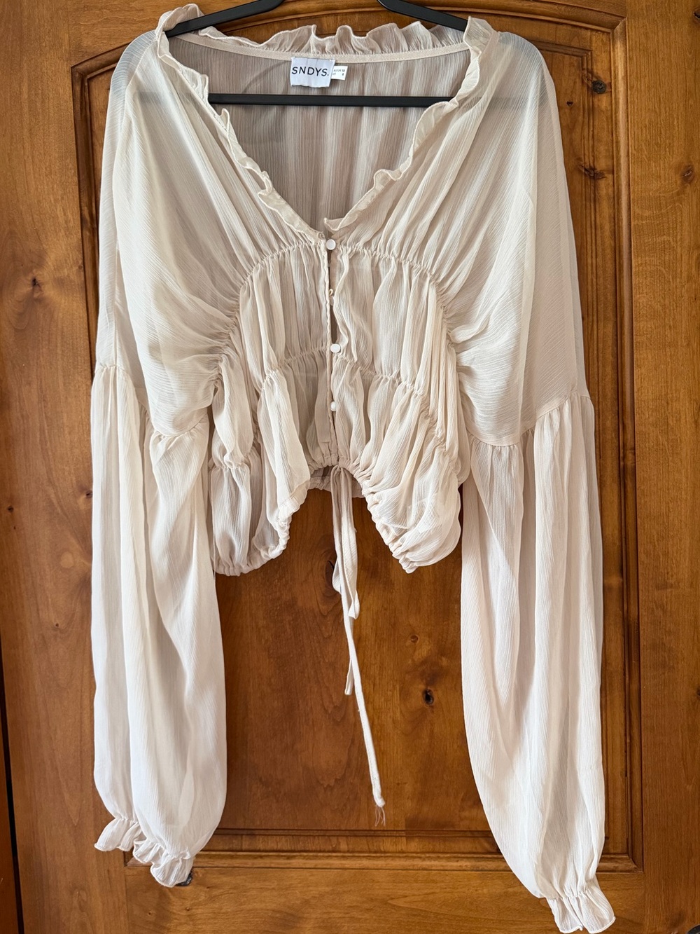 SNDYS Cream Ruffle-Trim Cropped Peasant Blouse
